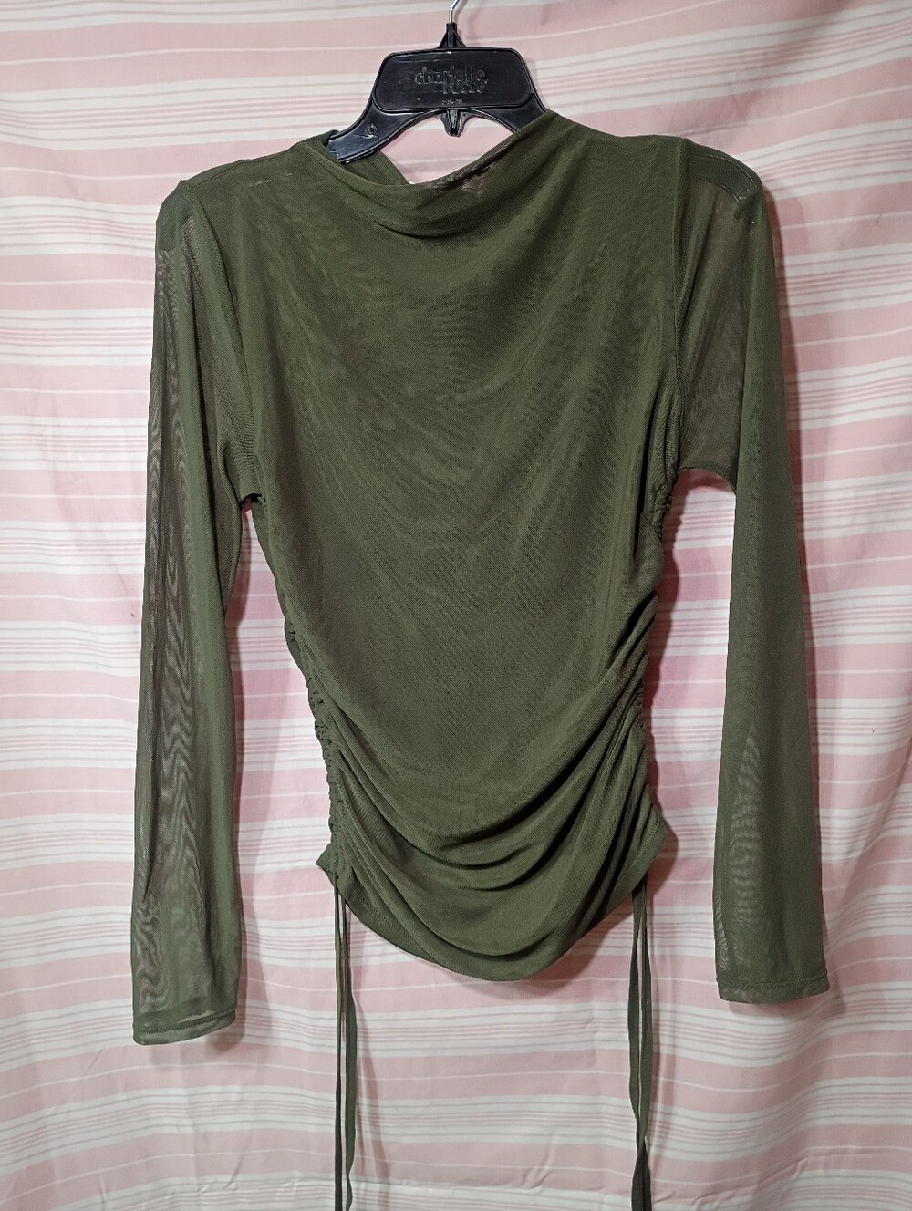 Ruched Olive Green Long-Sleeve Mesh Top